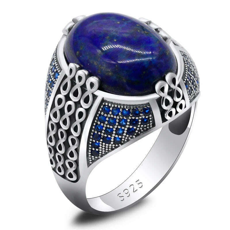 Lapis Lazuli Stone for Men 925 Sterling Silver Blue Stone Vintage Stripe Ring Turkish Thai Silver Jewelry for Male Women Gift - KIMLUD