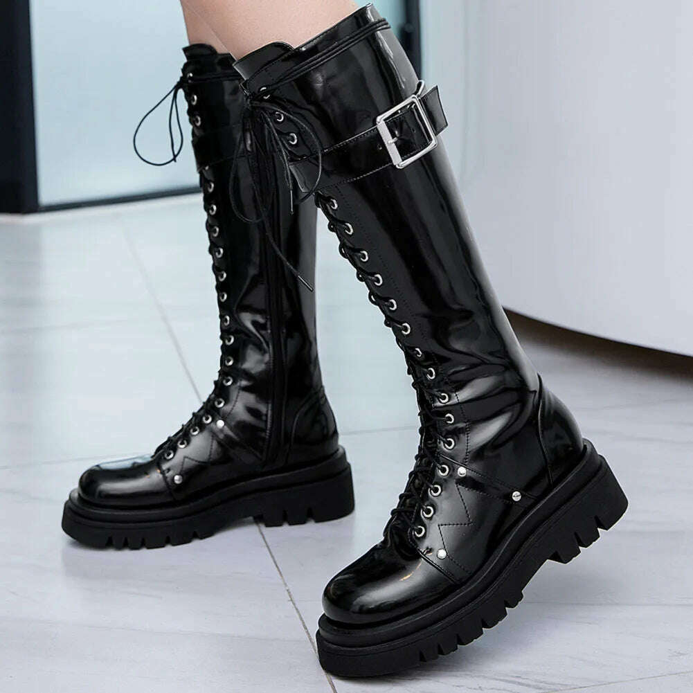 KIMLUD, Lapolaka 2023 Big Size 34-43 Good Quality Buckle Decor Lace-up Front Zipper Side Combat Woman Boots, KIMLUD Womens Clothes