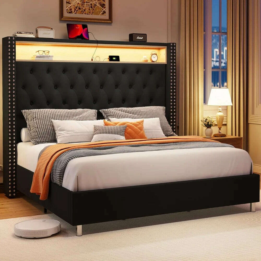 KIMLUD, Large Bed Frame 53.6 Inches High Headboard with LED Lights and Charging Station, Velvet High Cushion, KIMLUD Womens Clothes