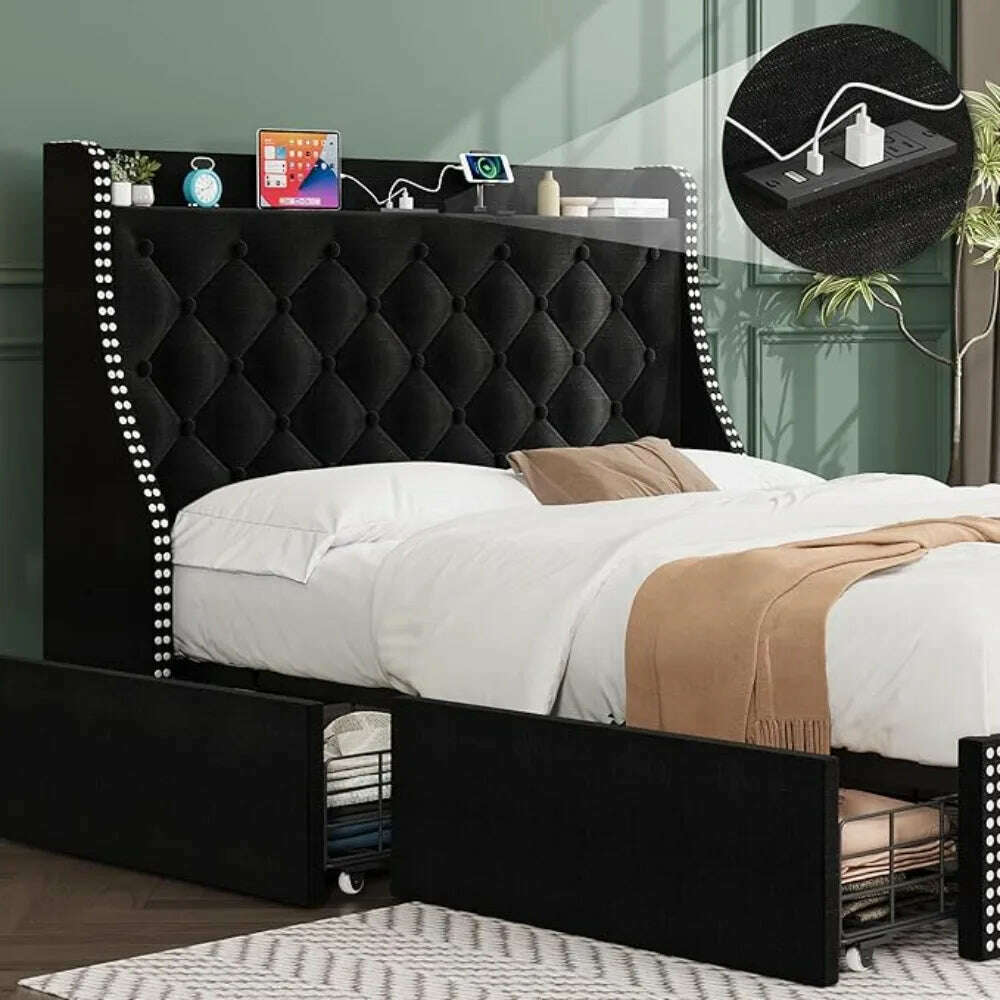 KIMLUD, Large Bed Frame with 4 Storage Drawers and Storage Headboard Equipped with Charging Station Diamond Sewn Button Tufted Design, KIMLUD Womens Clothes
