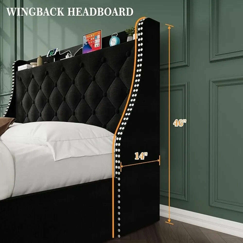 KIMLUD, Large Bed Frame with 4 Storage Drawers and Storage Headboard Equipped with Charging Station Diamond Sewn Button Tufted Design, KIMLUD Womens Clothes