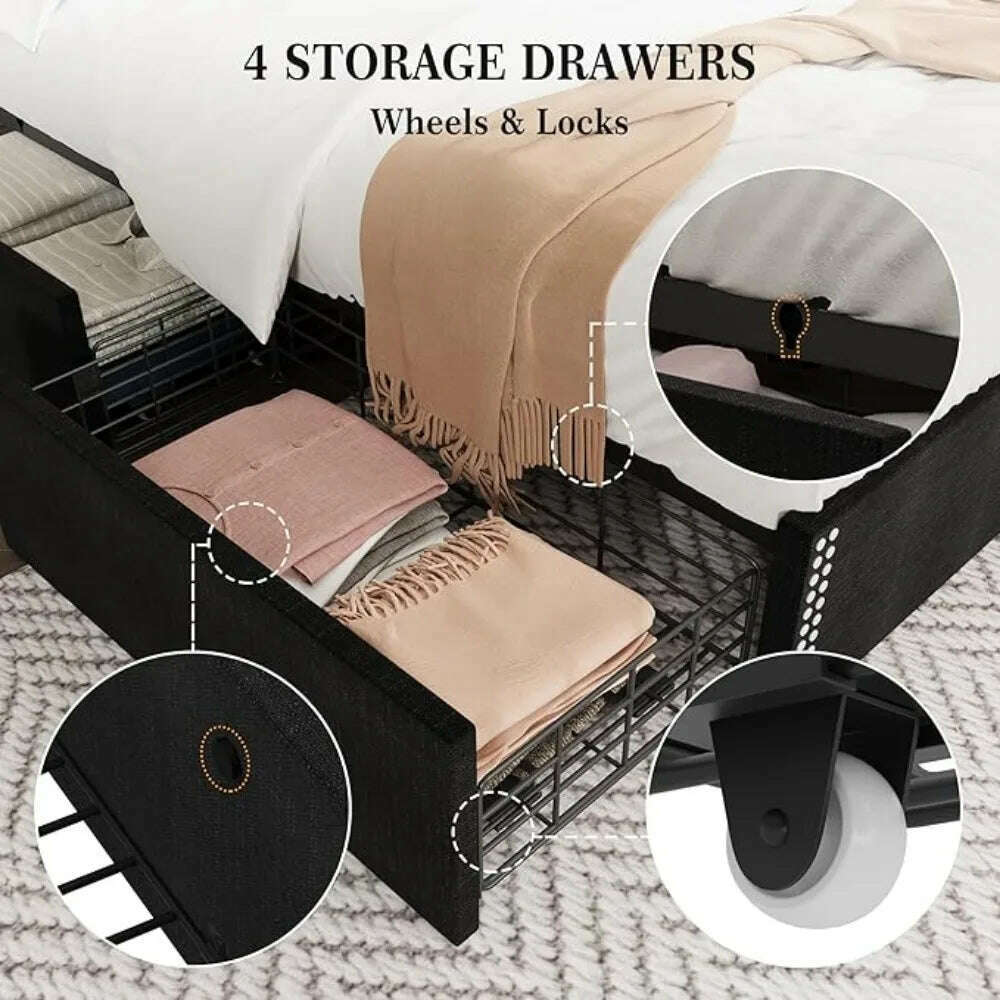 KIMLUD, Large Bed Frame with 4 Storage Drawers and Storage Headboard Equipped with Charging Station Diamond Sewn Button Tufted Design, KIMLUD Womens Clothes