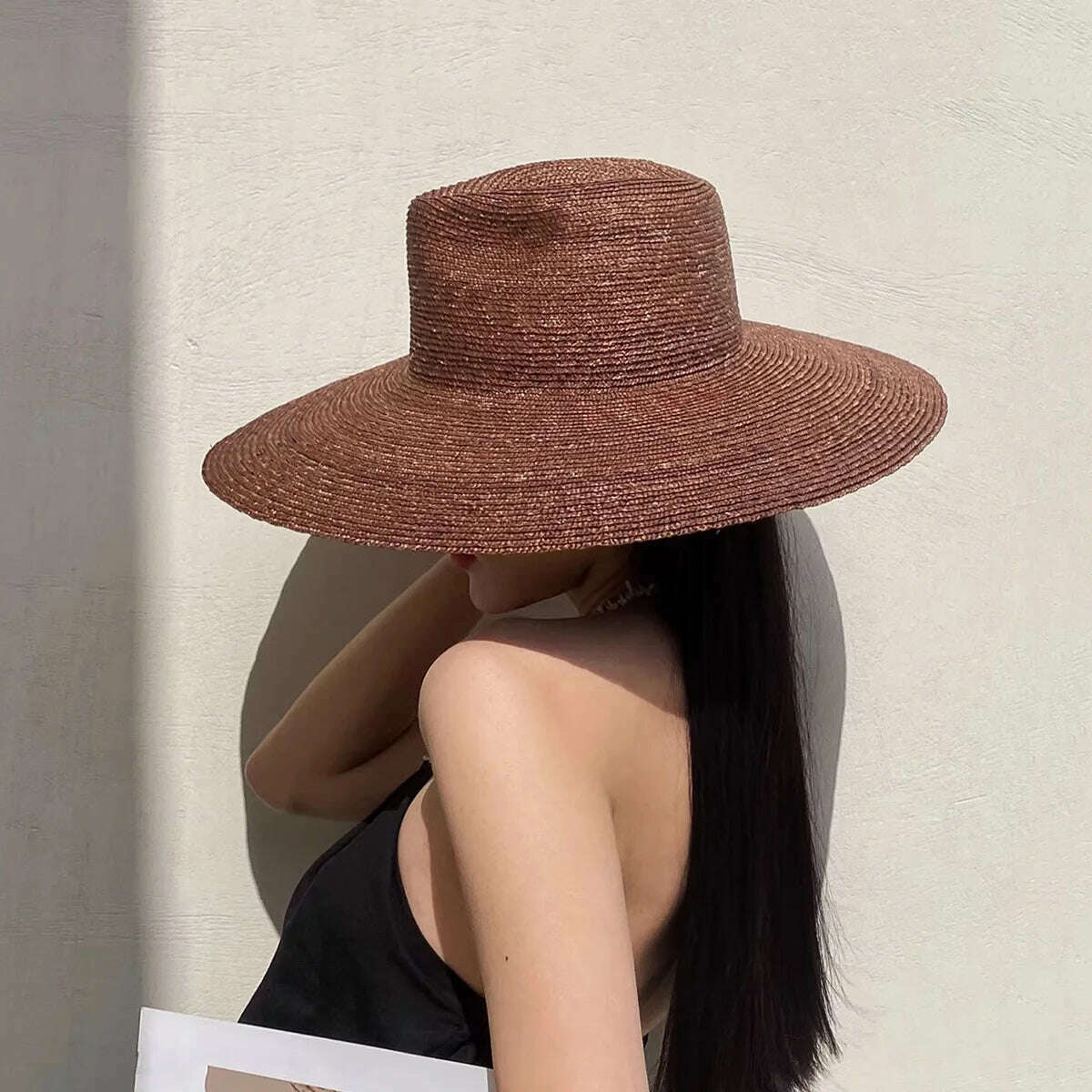 KIMLUD, Large Brim Panama Straw Hat For Women High-end Straw Beach Hats Ladies Black Summer UV Hats Travel Sunscreen Outdoor Hat, KIMLUD Womens Clothes