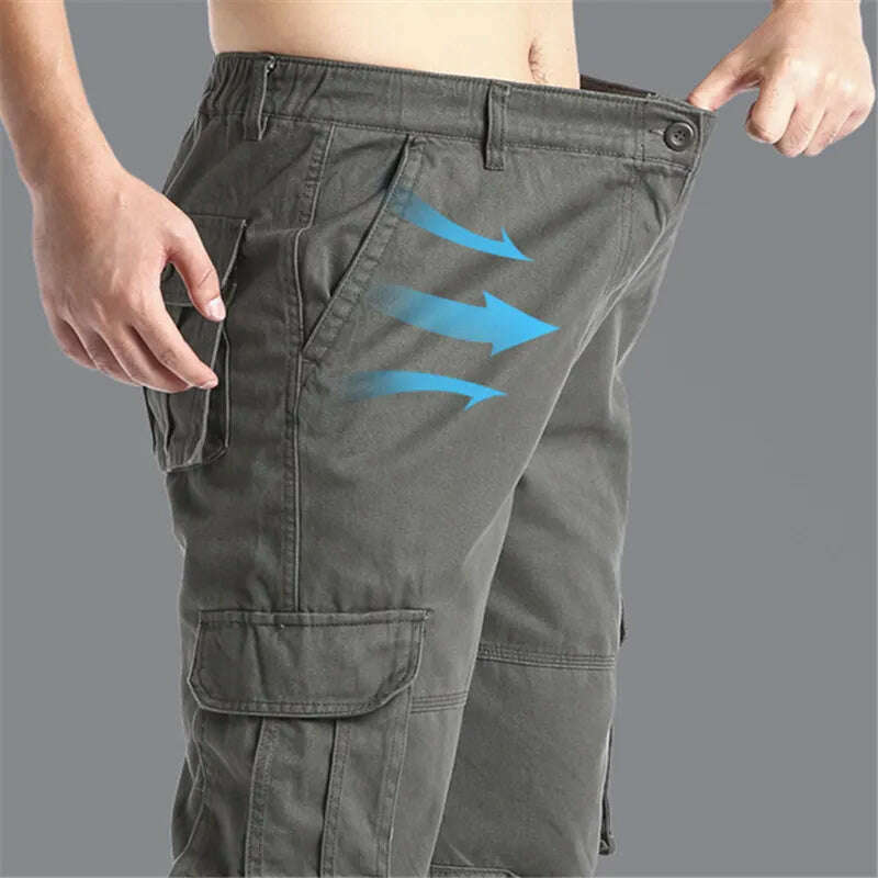 Large Pocket Loose Overalls Men's Outdoor Sports Jogging Tactical Pants Elastic Waist Pure Cotton Casual Work Pants - KIMLUD