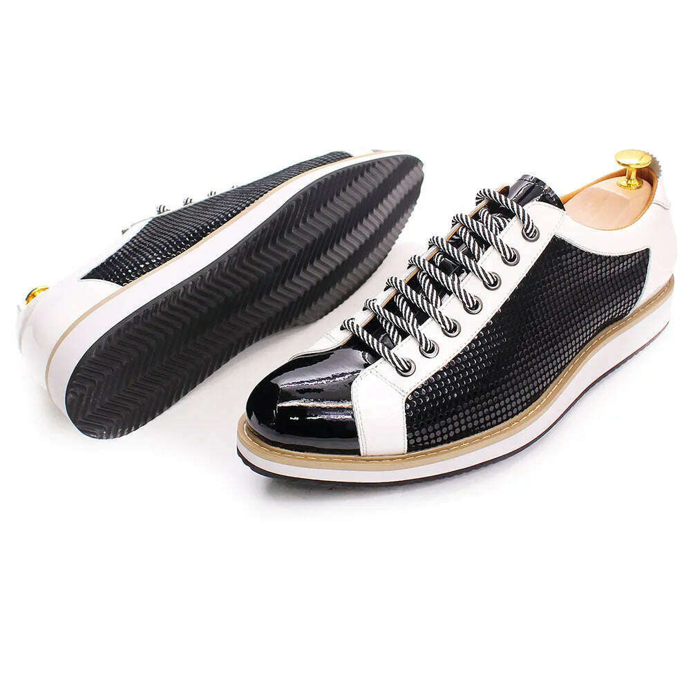 KIMLUD, Large Size 6 To 13 Luxury Brand Shoes Men Flat Sneakers Patent Leather Lace-up Black White Casual Shoes Zapatos Casuales Hombres, KIMLUD Women's Clothes