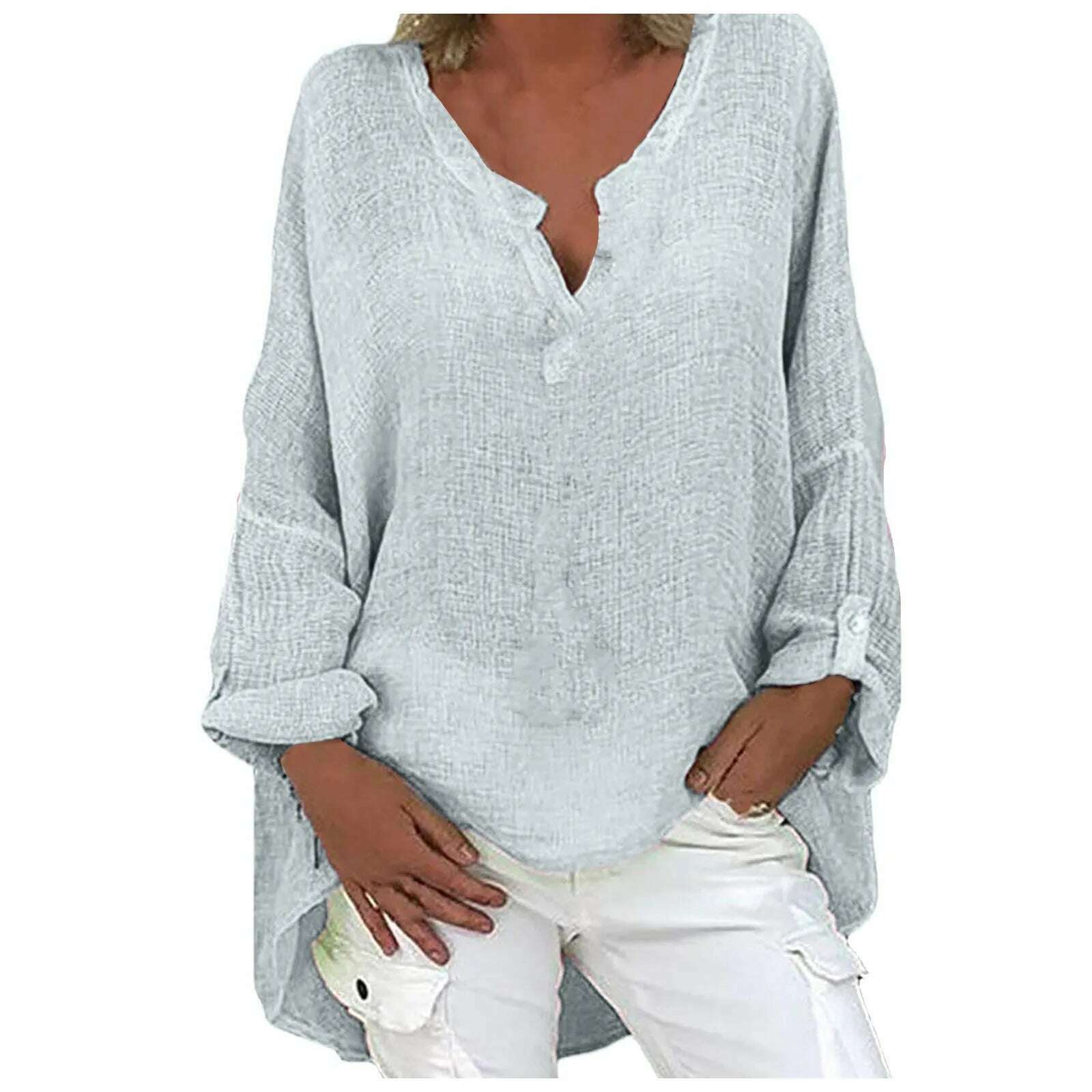 KIMLUD, Large size Linen Cotton Tshirt Women Casual Long Sleeve Vintage T-shirt Solid Loose V-neck Tee Shirt Femme Top Blusas Рубашка, KIMLUD Womens Clothes