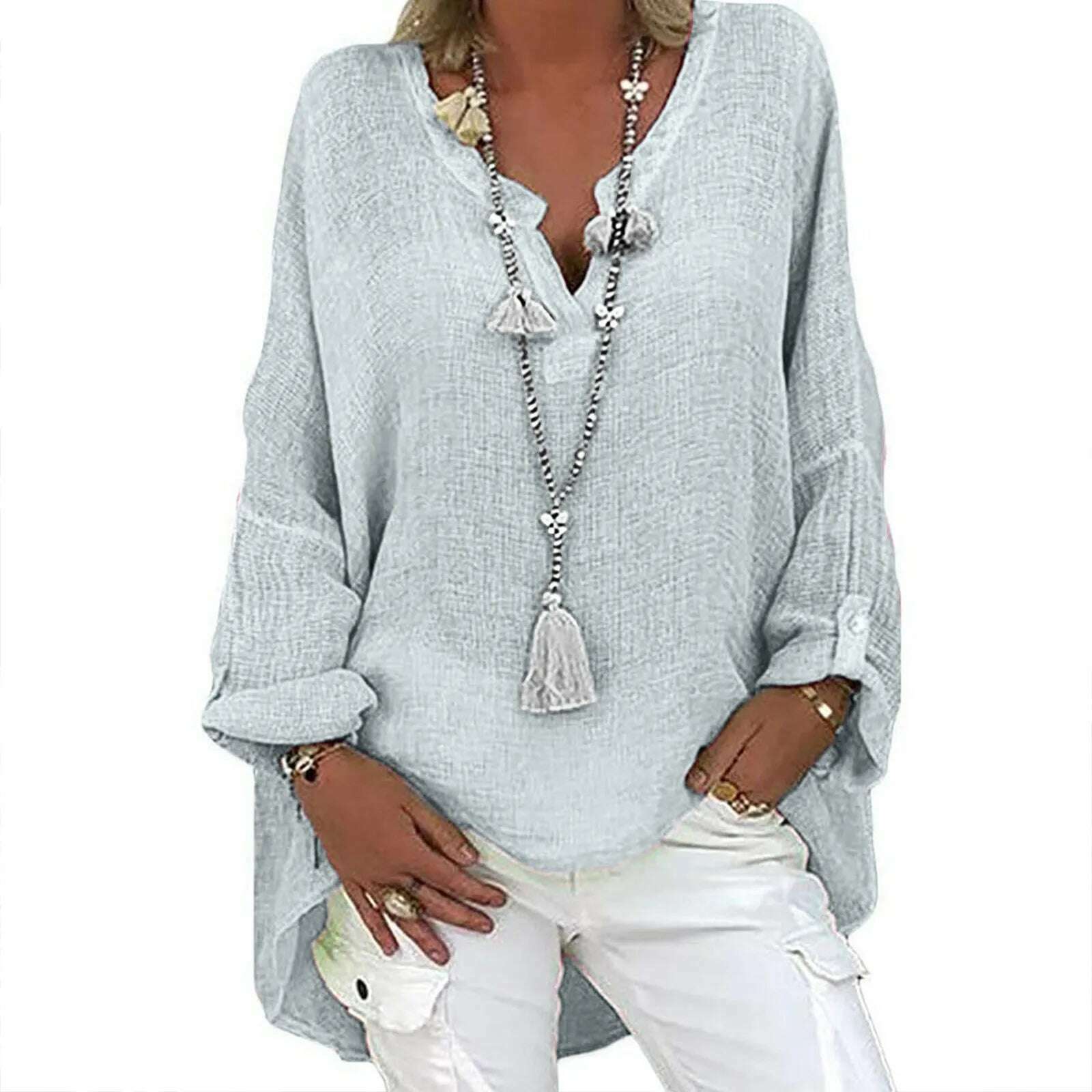 KIMLUD, Large size Linen Cotton Tshirt Women Casual Long Sleeve Vintage T-shirt Solid Loose V-neck Tee Shirt Femme Top Blusas Рубашка, Gray / XXXL / United States, KIMLUD APPAREL - Womens Clothes