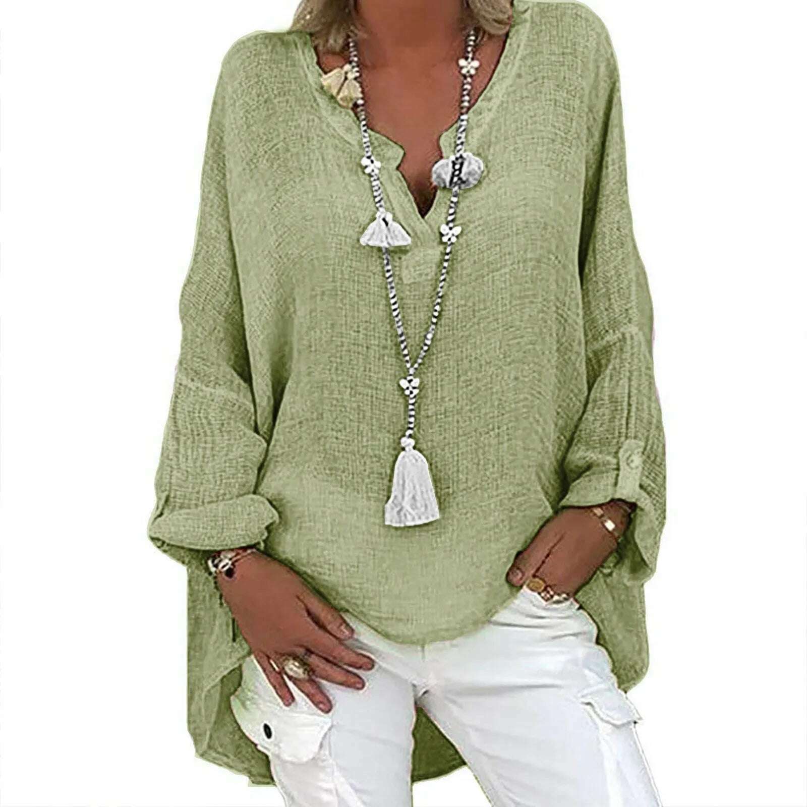 KIMLUD, Large size Linen Cotton Tshirt Women Casual Long Sleeve Vintage T-shirt Solid Loose V-neck Tee Shirt Femme Top Blusas Рубашка, Green / M / United States, KIMLUD APPAREL - Womens Clothes