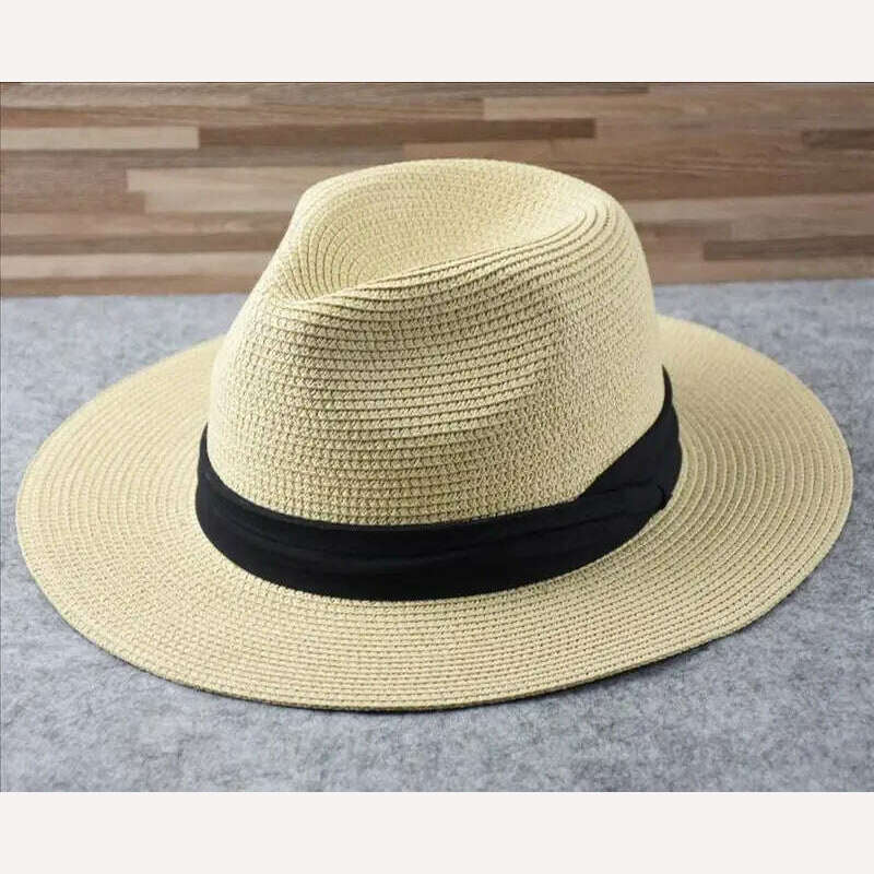 KIMLUD, Large Size Panama Hats Lady Beach Wide Brim Straw Hat Man Summer Sun Cap Plus Size Fedora Hat 55-57cm 58-60cm 61-64cm, Beige / 58-60cm, KIMLUD Womens Clothes