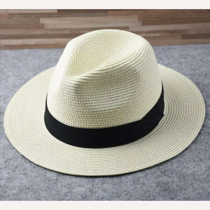 KIMLUD, Large Size Panama Hats Lady Beach Wide Brim Straw Hat Man Summer Sun Cap Plus Size Fedora Hat 55-57cm 58-60cm 61-64cm, Milk-white / 55-57cm, KIMLUD Womens Clothes