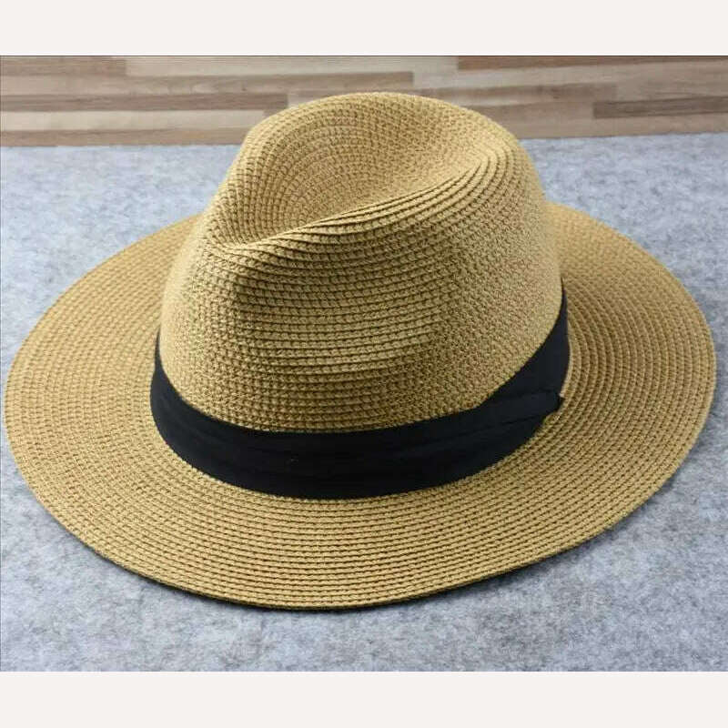 KIMLUD, Large Size Panama Hats Lady Beach Wide Brim Straw Hat Man Summer Sun Cap Plus Size Fedora Hat 55-57cm 58-60cm 61-64cm, Khaki / 60-64cm, KIMLUD Womens Clothes