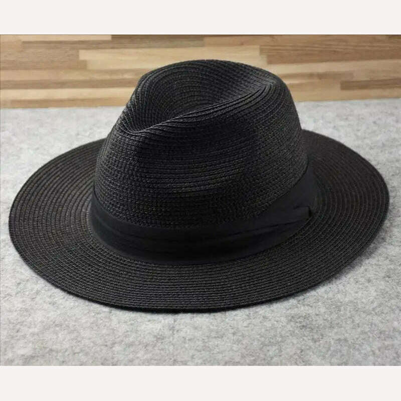 KIMLUD, Large Size Panama Hats Lady Beach Wide Brim Straw Hat Man Summer Sun Cap Plus Size Fedora Hat 55-57cm 58-60cm 61-64cm, Black / 60-64cm, KIMLUD Womens Clothes