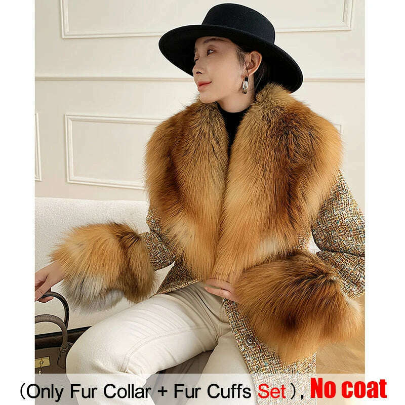 KIMLUD, Large Size Winter Real Fur Collar Cuffs Set Neck Warmer Women Fur Shawl Furry Fluffy Fox Fur Scarf Luxury Scarves Coat Decor, Red fox / Scarf 90cm Cuff 20cm, KIMLUD Women's Clothes