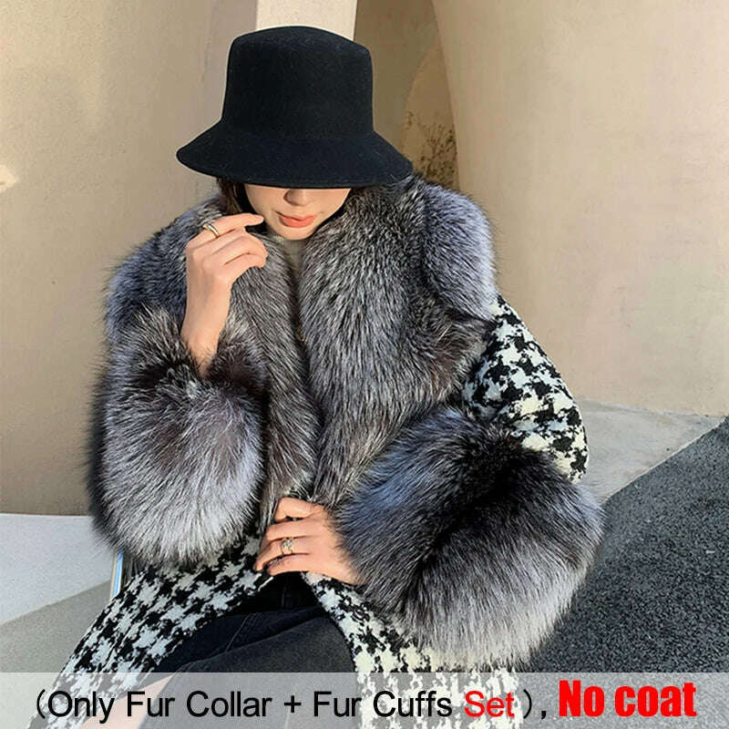 KIMLUD, Large Size Winter Real Fur Collar Cuffs Set Neck Warmer Women Fur Shawl Furry Fluffy Fox Fur Scarf Luxury Scarves Coat Decor, Silver fox / Scarf 90cm Cuff 20cm, KIMLUD Women's Clothes