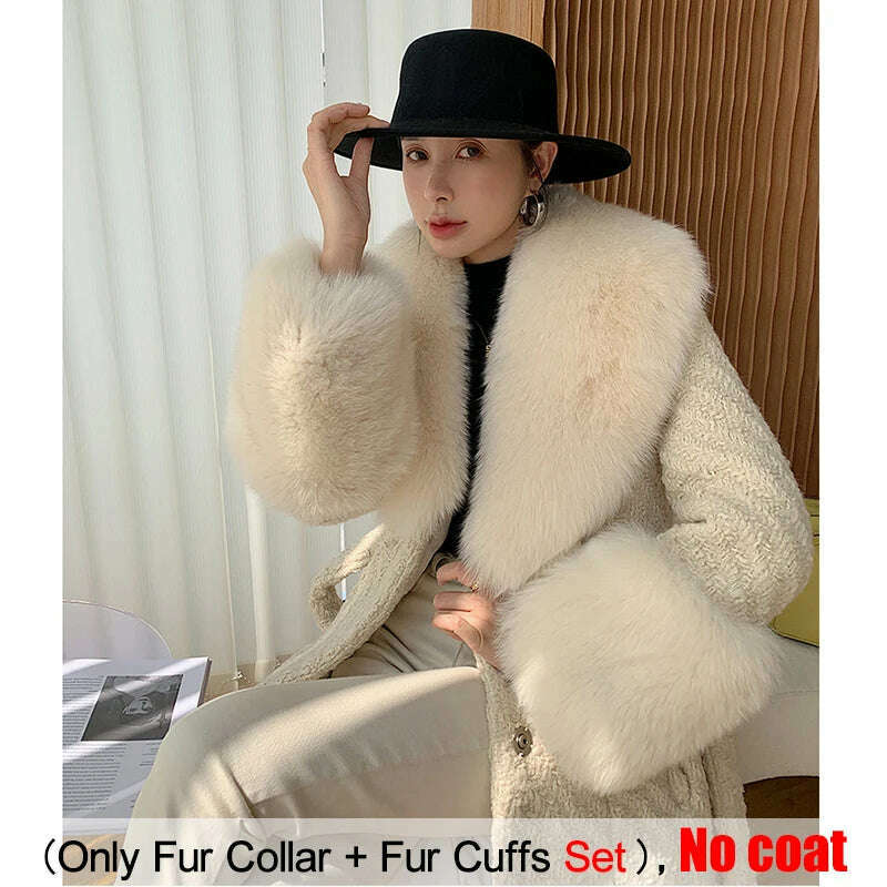 KIMLUD, Large Size Winter Real Fur Collar Cuffs Set Neck Warmer Women Fur Shawl Furry Fluffy Fox Fur Scarf Luxury Scarves Coat Decor, Beige / Scarf 90cm Cuff 20cm, KIMLUD Women's Clothes