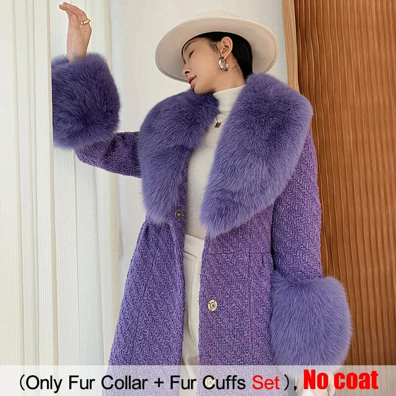 KIMLUD, Large Size Winter Real Fur Collar Cuffs Set Neck Warmer Women Fur Shawl Furry Fluffy Fox Fur Scarf Luxury Scarves Coat Decor, Purple / Scarf 90cm Cuff 20cm, KIMLUD Women's Clothes