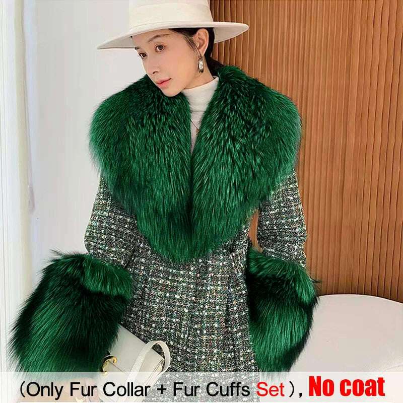 KIMLUD, Large Size Winter Real Fur Collar Cuffs Set Neck Warmer Women Fur Shawl Furry Fluffy Fox Fur Scarf Luxury Scarves Coat Decor, Green / Scarf 90cm Cuff 20cm, KIMLUD Women's Clothes