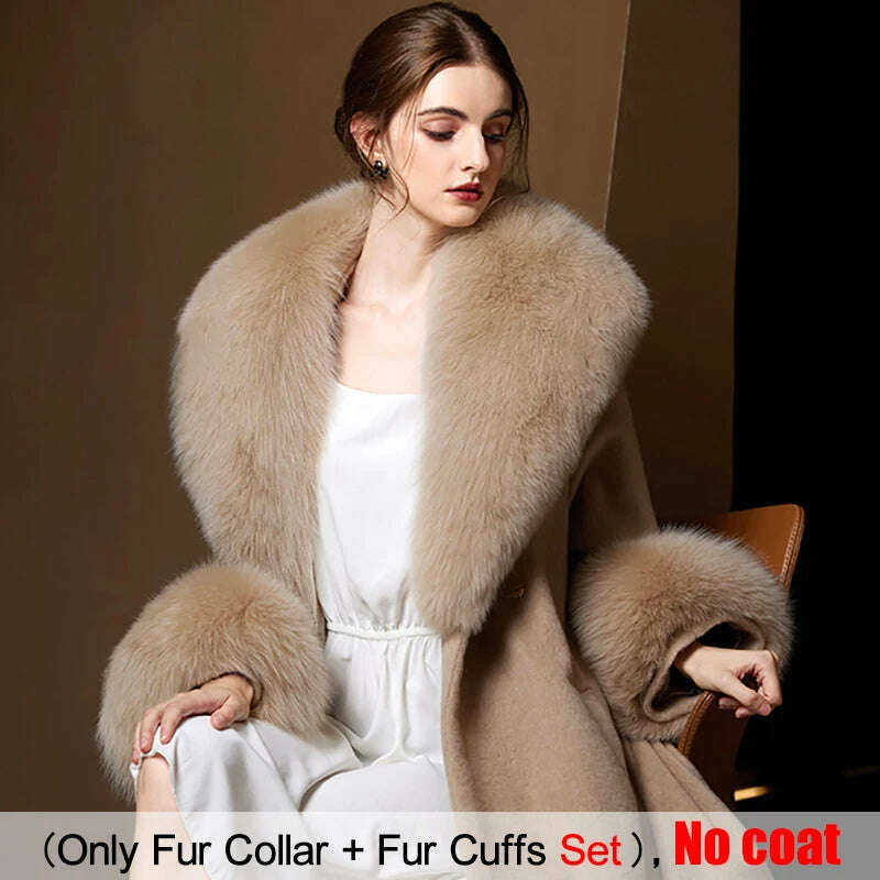 KIMLUD, Large Size Winter Real Fur Collar Cuffs Set Neck Warmer Women Fur Shawl Furry Fluffy Fox Fur Scarf Luxury Scarves Coat Decor, khaki / Scarf 90cm Cuff 20cm, KIMLUD Women's Clothes