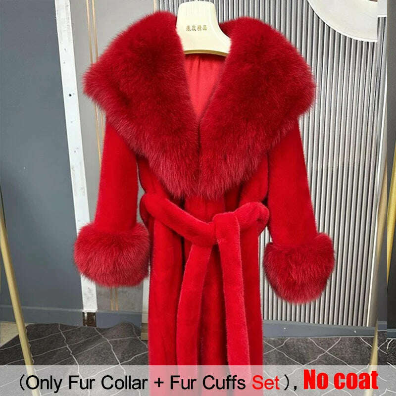 KIMLUD, Large Size Winter Real Fur Collar Cuffs Set Neck Warmer Women Fur Shawl Furry Fluffy Fox Fur Scarf Luxury Scarves Coat Decor, large red / Scarf 90cm Cuff 20cm, KIMLUD Women's Clothes
