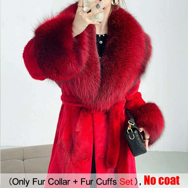 KIMLUD, Large Size Winter Real Fur Collar Cuffs Set Neck Warmer Women Fur Shawl Furry Fluffy Fox Fur Scarf Luxury Scarves Coat Decor, Red-raccoon / Scarf 90cm Cuff 20cm, KIMLUD Women's Clothes