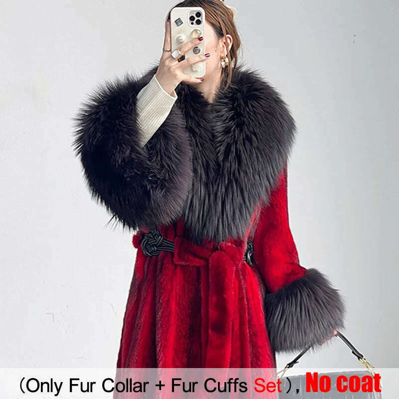 KIMLUD, Large Size Winter Real Fur Collar Cuffs Set Neck Warmer Women Fur Shawl Furry Fluffy Fox Fur Scarf Luxury Scarves Coat Decor, Dark Gray - Raccoon / Scarf 90cm Cuff 20cm, KIMLUD Women's Clothes