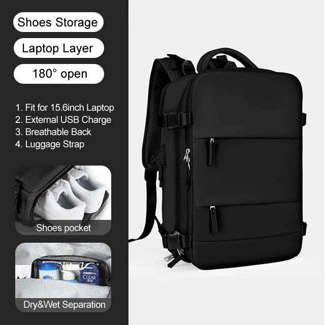 KIMLUD, Large Women Travel Backpack 17 Inch Laptop USB Airplane Business Shoulder Bag Girls Nylon Students Schoolbag Luggage Pack XA370C, Black, KIMLUD Women's Clothes