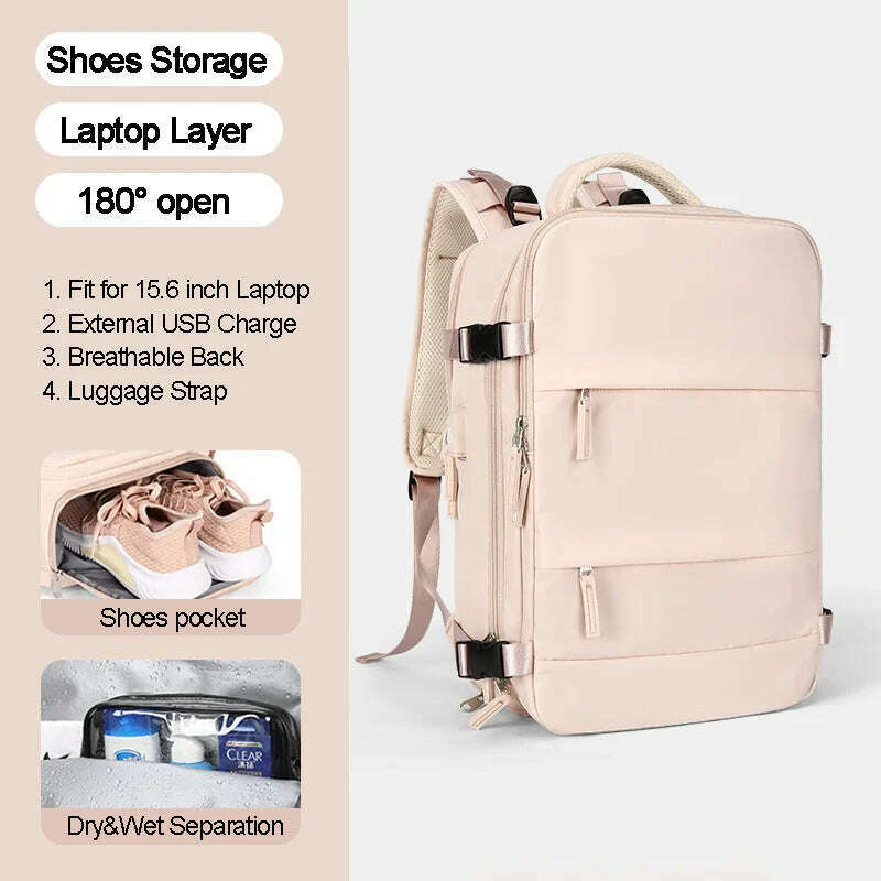 KIMLUD, Large Women Travel Backpack 17 Inch Laptop USB Airplane Business Shoulder Bag Girls Nylon Students Schoolbag Luggage Pack XA370C, Beige, KIMLUD Women's Clothes