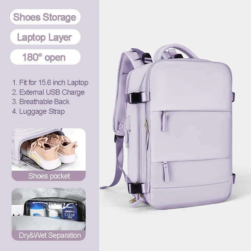 KIMLUD, Large Women Travel Backpack 17 Inch Laptop USB Airplane Business Shoulder Bag Girls Nylon Students Schoolbag Luggage Pack XA370C, Purple, KIMLUD Women's Clothes