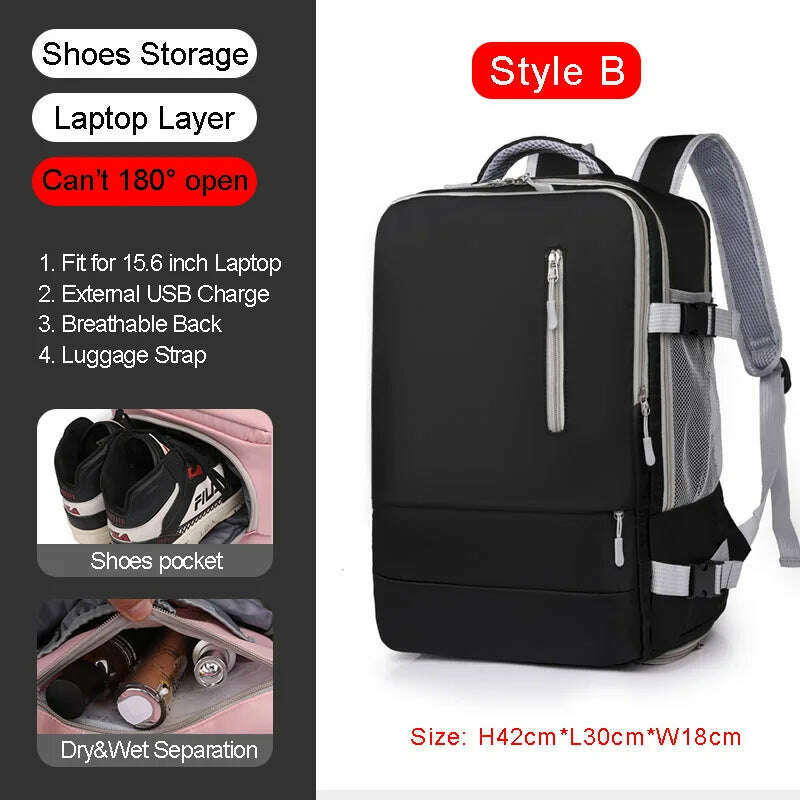 KIMLUD, Large Women Travel Backpack 17 Inch Laptop USB Airplane Business Shoulder Bag Girls Nylon Students Schoolbag Luggage Pack XA370C, StyleB Black, KIMLUD Women's Clothes
