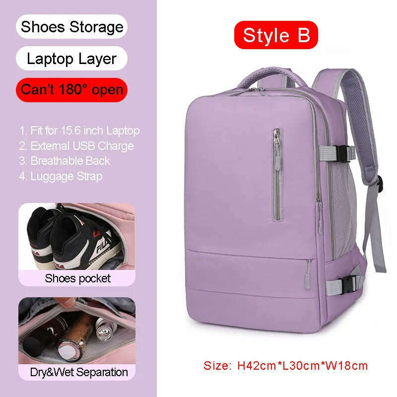KIMLUD, Large Women Travel Backpack 17 Inch Laptop USB Airplane Business Shoulder Bag Girls Nylon Students Schoolbag Luggage Pack XA370C, StyleB Purple, KIMLUD Women's Clothes