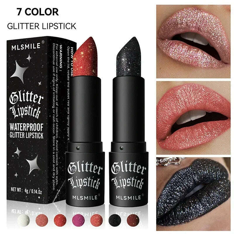 KIMLUD, Lasting Shiny Lipstick Diamond Glitter Waterproof Sexy Red Black Lip Tint Lipsticks Non-stick Cup Pearlescent Makeup Cosmetics, KIMLUD Womens Clothes