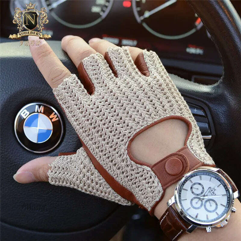 KIMLUD, Latest Man Locomotive Half Finger Sheepskin Gloves Knitted + Leather Driving Gloves Male Semi-Finger Fitness Gloves M-61, camel / M, KIMLUD Womens Clothes