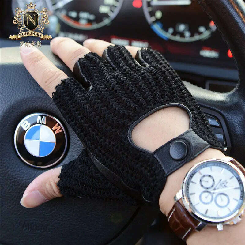 KIMLUD, Latest Man Locomotive Half Finger Sheepskin Gloves Knitted + Leather Driving Gloves Male Semi-Finger Fitness Gloves M-61, black / L, KIMLUD Womens Clothes