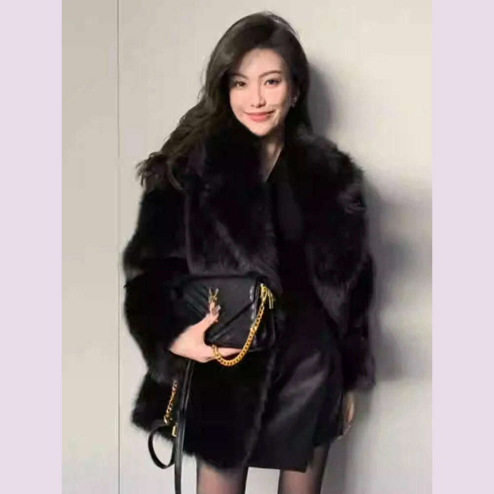 KIMLUD, Lautaro Autumn Winter Oversized Loose Casual Luxury Soft Thick Warm Hairy Faux Fox Fur Coat Women Long Sleeve Fluffy Jacket 2024, Black / XXL, KIMLUD APPAREL - Womens Clothes