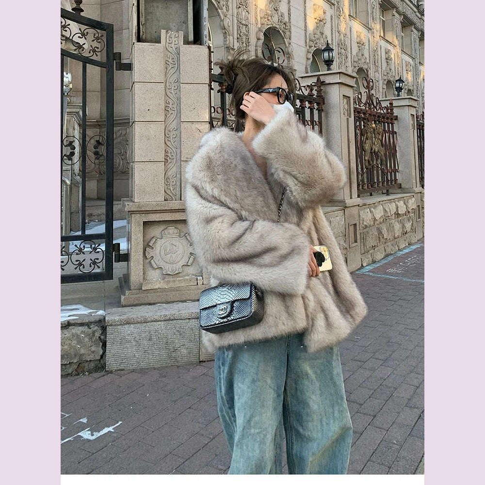 KIMLUD, Lautaro Autumn Winter Oversized Loose Casual Luxury Soft Thick Warm Hairy Faux Fox Fur Coat Women Long Sleeve Fluffy Jacket 2024, Beige gray / XL, KIMLUD APPAREL - Womens Clothes