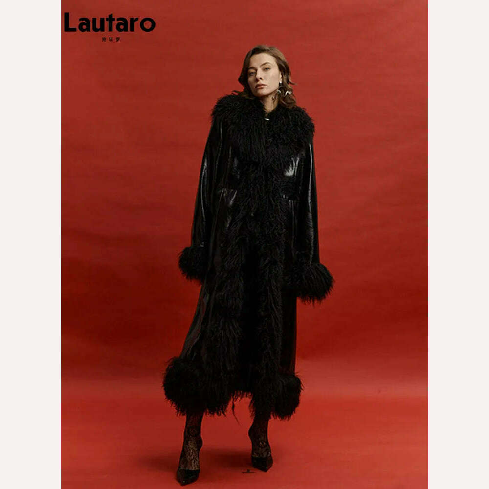 Lautaro Spring Autumn Long Black Shiny Patent Pu Leather Coat Women with Faux Fur Trim Luxury Designer Clothing European Fashion - KIMLUD