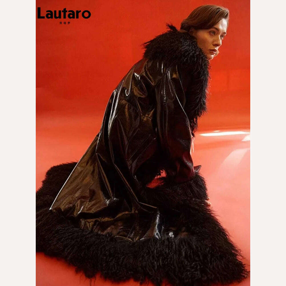 Lautaro Spring Autumn Long Black Shiny Patent Pu Leather Coat Women with Faux Fur Trim Luxury Designer Clothing European Fashion - KIMLUD