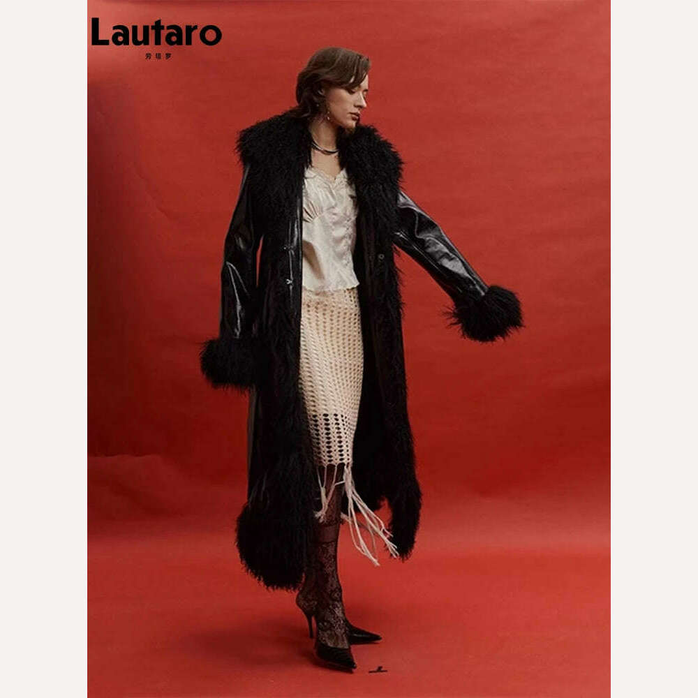 Lautaro Spring Autumn Long Black Shiny Patent Pu Leather Coat Women with Faux Fur Trim Luxury Designer Clothing European Fashion - KIMLUD