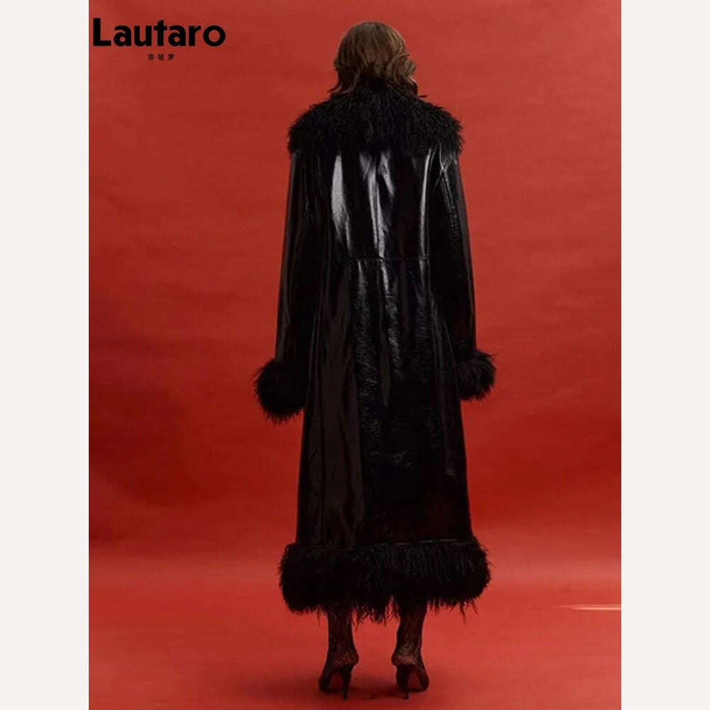 Lautaro Spring Autumn Long Black Shiny Patent Pu Leather Coat Women with Faux Fur Trim Luxury Designer Clothing European Fashion - KIMLUD