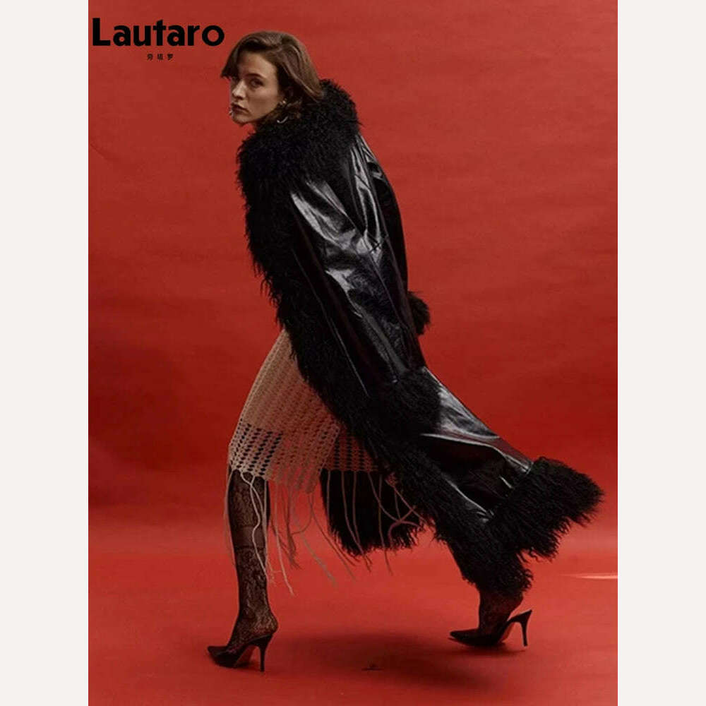 Lautaro Spring Autumn Long Black Shiny Patent Pu Leather Coat Women with Faux Fur Trim Luxury Designer Clothing European Fashion - KIMLUD