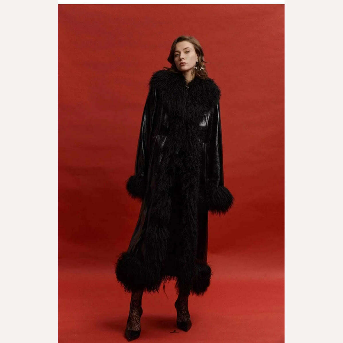Lautaro Spring Autumn Long Black Shiny Patent Pu Leather Coat Women with Faux Fur Trim Luxury Designer Clothing European Fashion - KIMLUD