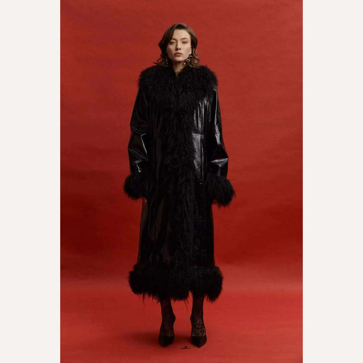 Lautaro Spring Autumn Long Black Shiny Patent Pu Leather Coat Women with Faux Fur Trim Luxury Designer Clothing European Fashion - KIMLUD