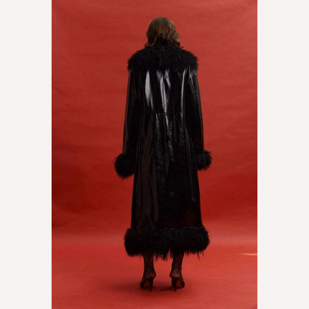 Lautaro Spring Autumn Long Black Shiny Patent Pu Leather Coat Women with Faux Fur Trim Luxury Designer Clothing European Fashion - KIMLUD