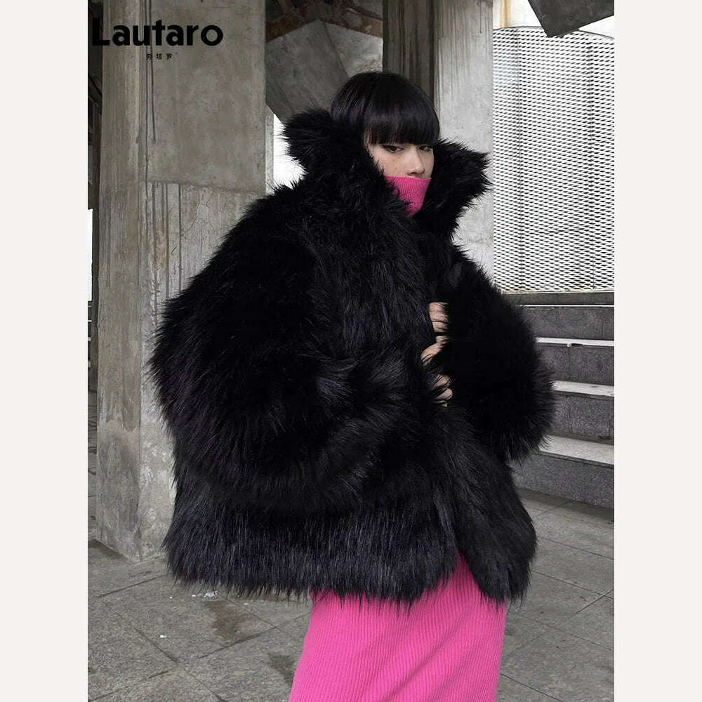 KIMLUD, Lautaro Winter Cool Oversized Casual Soft Thick Warm Black Hariy Shaggy Faux Fur Coat Women Turn-down Collar Fluffy Jacket 2023, KIMLUD Womens Clothes