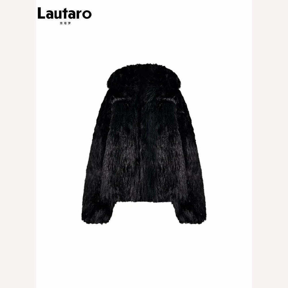 KIMLUD, Lautaro Winter Cool Oversized Casual Soft Thick Warm Black Hariy Shaggy Faux Fur Coat Women Turn-down Collar Fluffy Jacket 2023, KIMLUD Womens Clothes