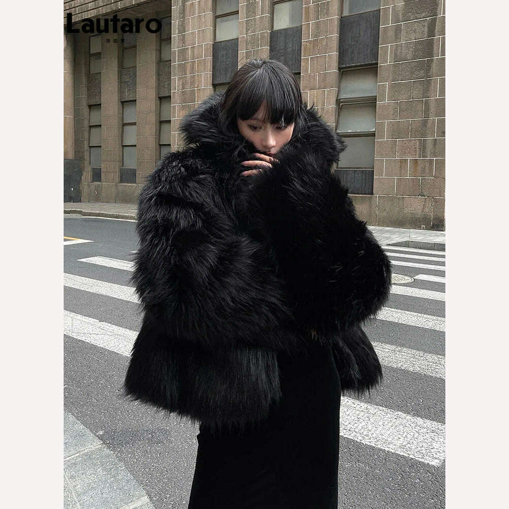 KIMLUD, Lautaro Winter Cool Oversized Casual Soft Thick Warm Black Hariy Shaggy Faux Fur Coat Women Turn-down Collar Fluffy Jacket 2023, KIMLUD Womens Clothes