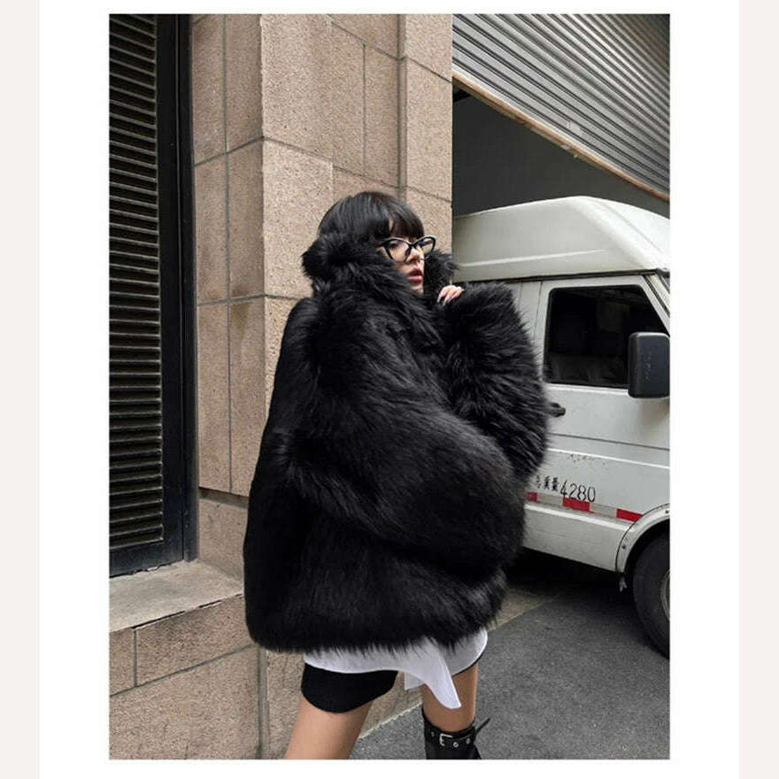 KIMLUD, Lautaro Winter Cool Oversized Casual Soft Thick Warm Black Hariy Shaggy Faux Fur Coat Women Turn-down Collar Fluffy Jacket 2023, KIMLUD Womens Clothes