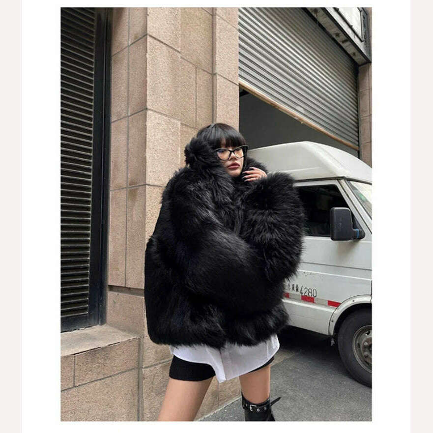 KIMLUD, Lautaro Winter Cool Oversized Casual Soft Thick Warm Black Hariy Shaggy Faux Fur Coat Women Turn-down Collar Fluffy Jacket 2023, KIMLUD Womens Clothes