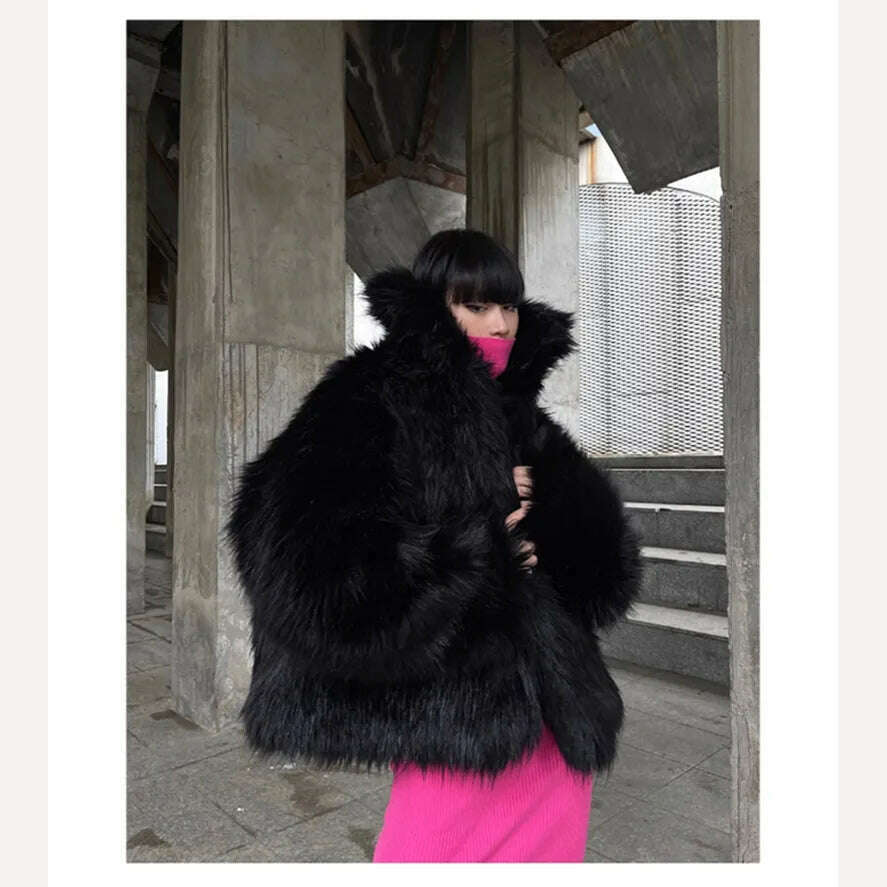 Lautaro Winter Cool Oversized Casual Soft Thick Warm Black Hariy Shaggy Faux Fur Coat Women Turn-down Collar Fluffy Jacket 2023 - KIMLUD