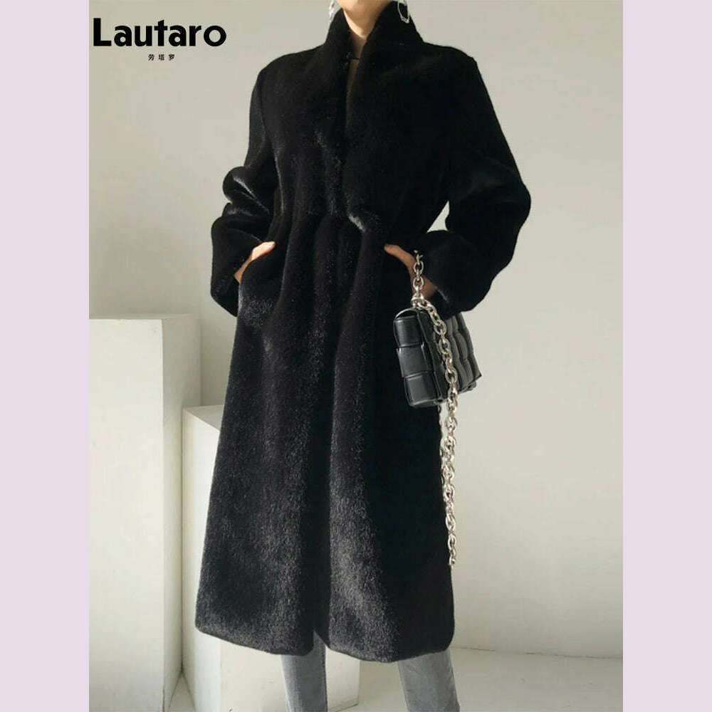 KIMLUD, Lautaro Winter Long Black Luxury Elegant Stylish Thick Warm Fluffy Hairy Soft Faux Mink Fur Coat Women Stand Collar Sashes 2023, KIMLUD Womens Clothes
